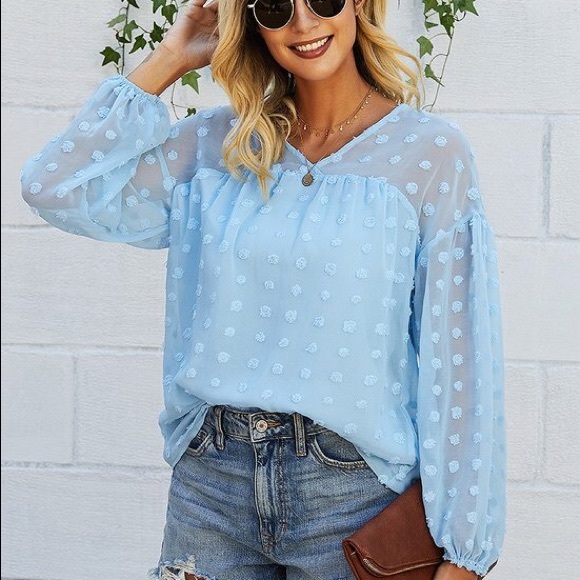 Blue Swiss Dot Long Sleeve Lined Top NWT Size Small - Picture 3 of 8